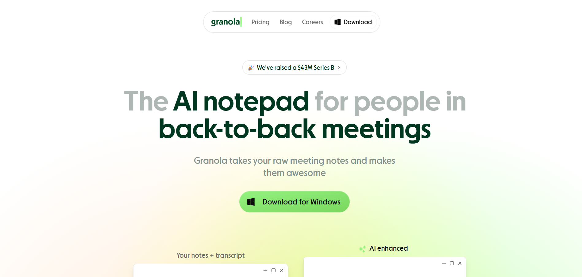 Pantalla de inicio de Granola con botón de descarga y lema principal enfocado en reuniones continuas
