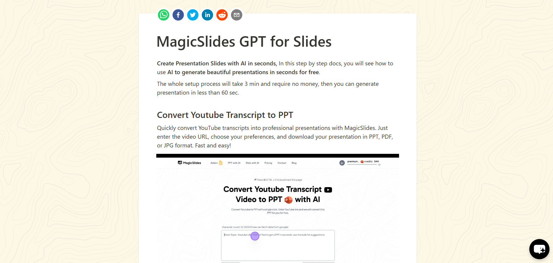 Vista de la herramienta MagicSlides mostrando la opción de convertir transcripciones de YouTube en presentaciones descargables en PPT, PDF o JPG.