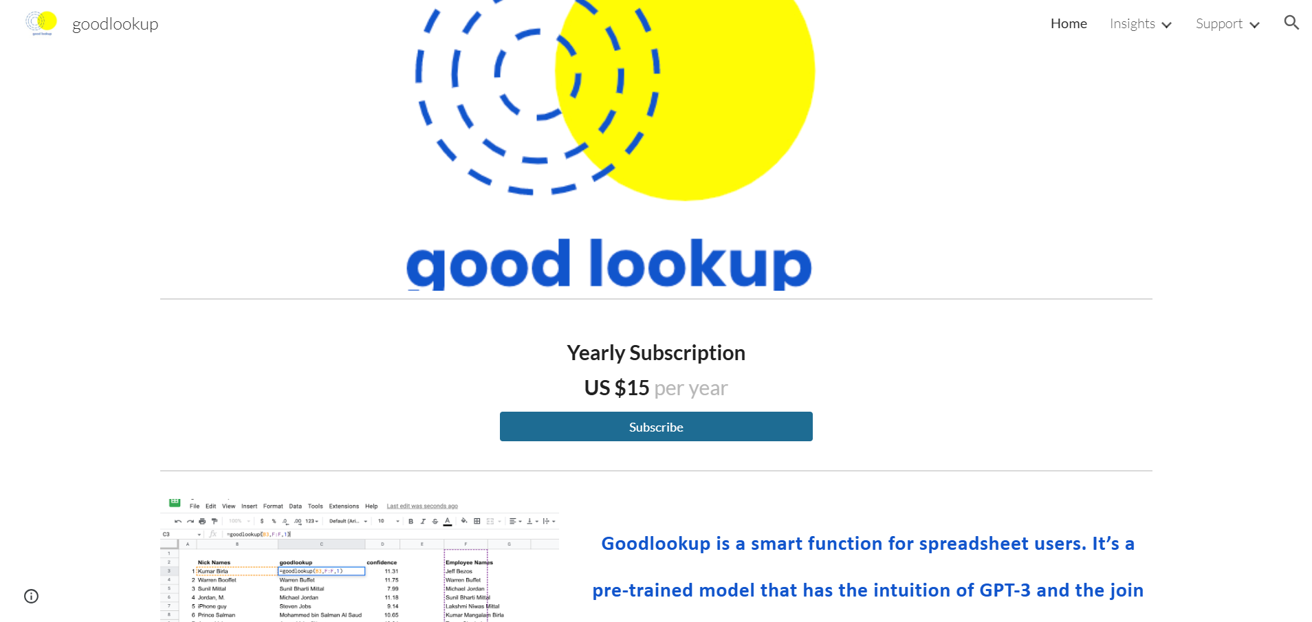 Interfaz principal de Goodlookup mostrando su suscripción anual y ejemplo de uso en Google Sheets
