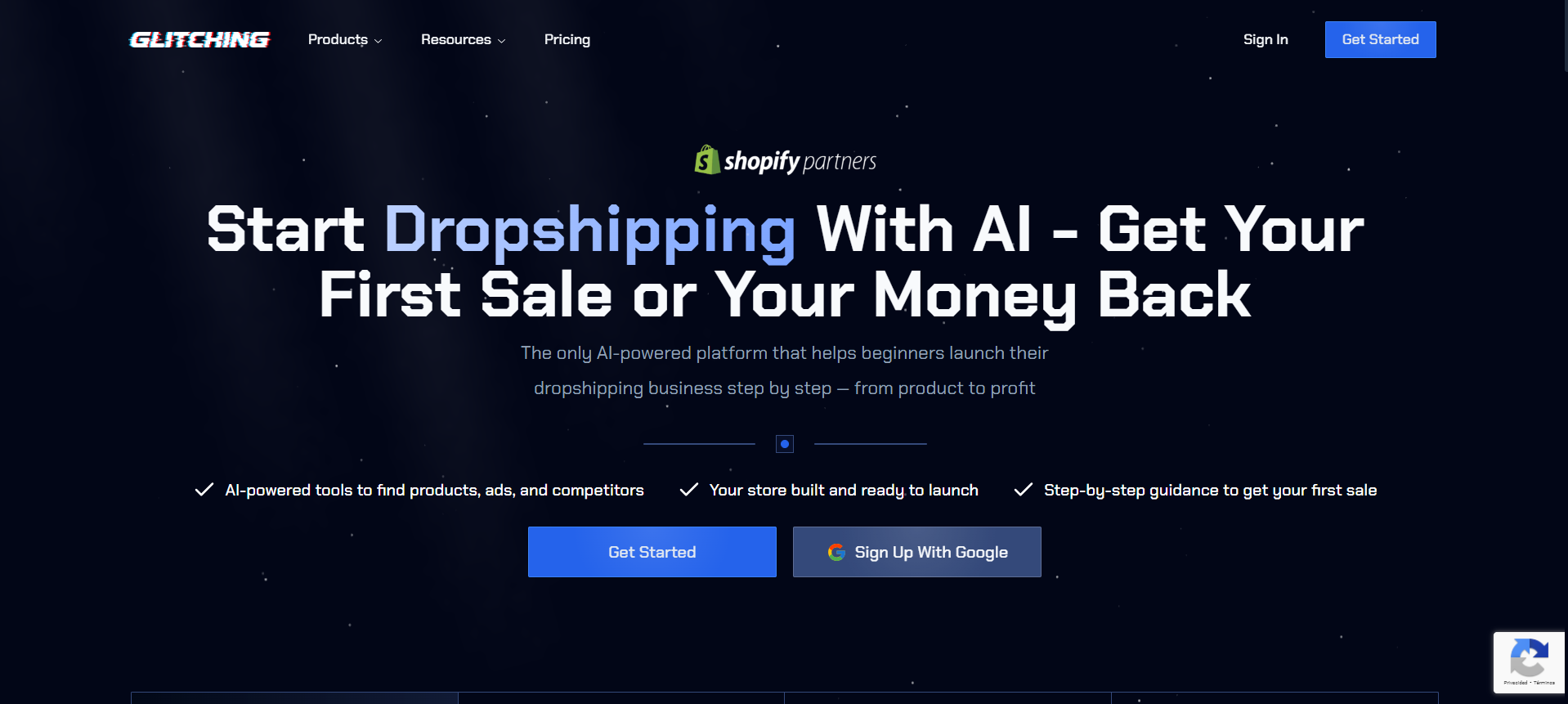 Página principal de Glitching para crear tiendas de dropshipping
