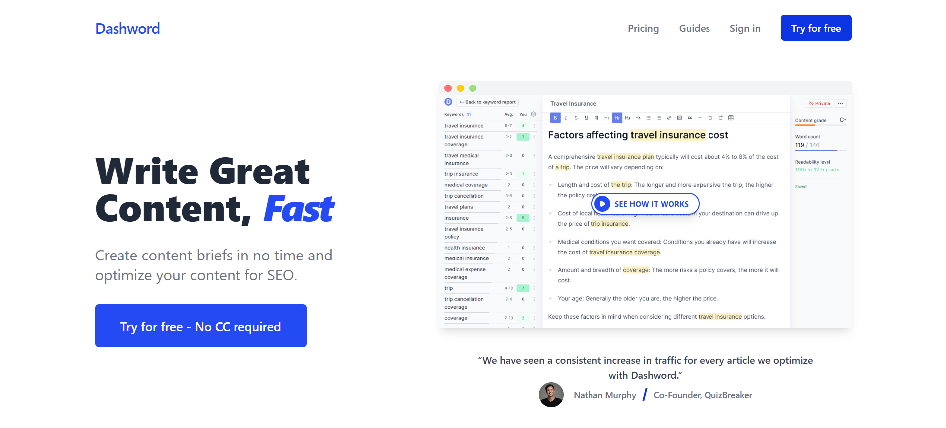 Interfaz de Dashword mostrando optimización de contenido SEO con análisis de palabras clave y nivel de legibilidad.