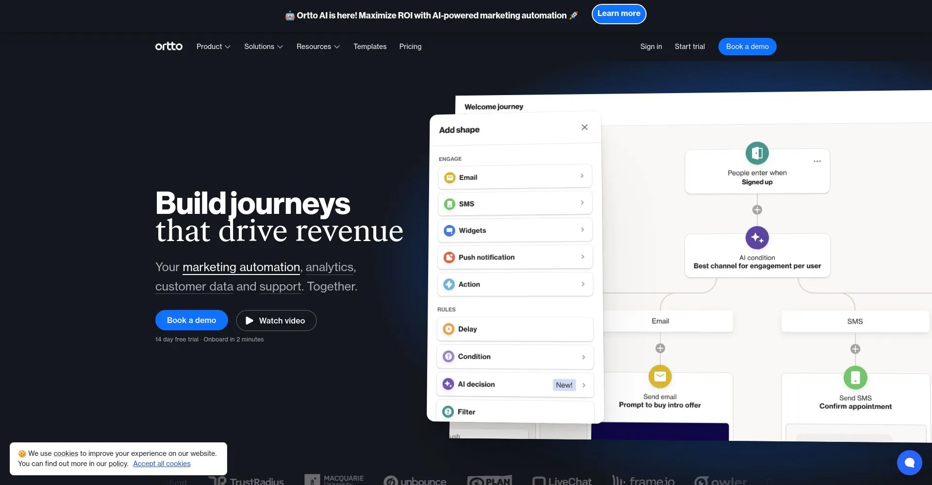 Página principal de Ortto mostrando opciones de automatización de marketing