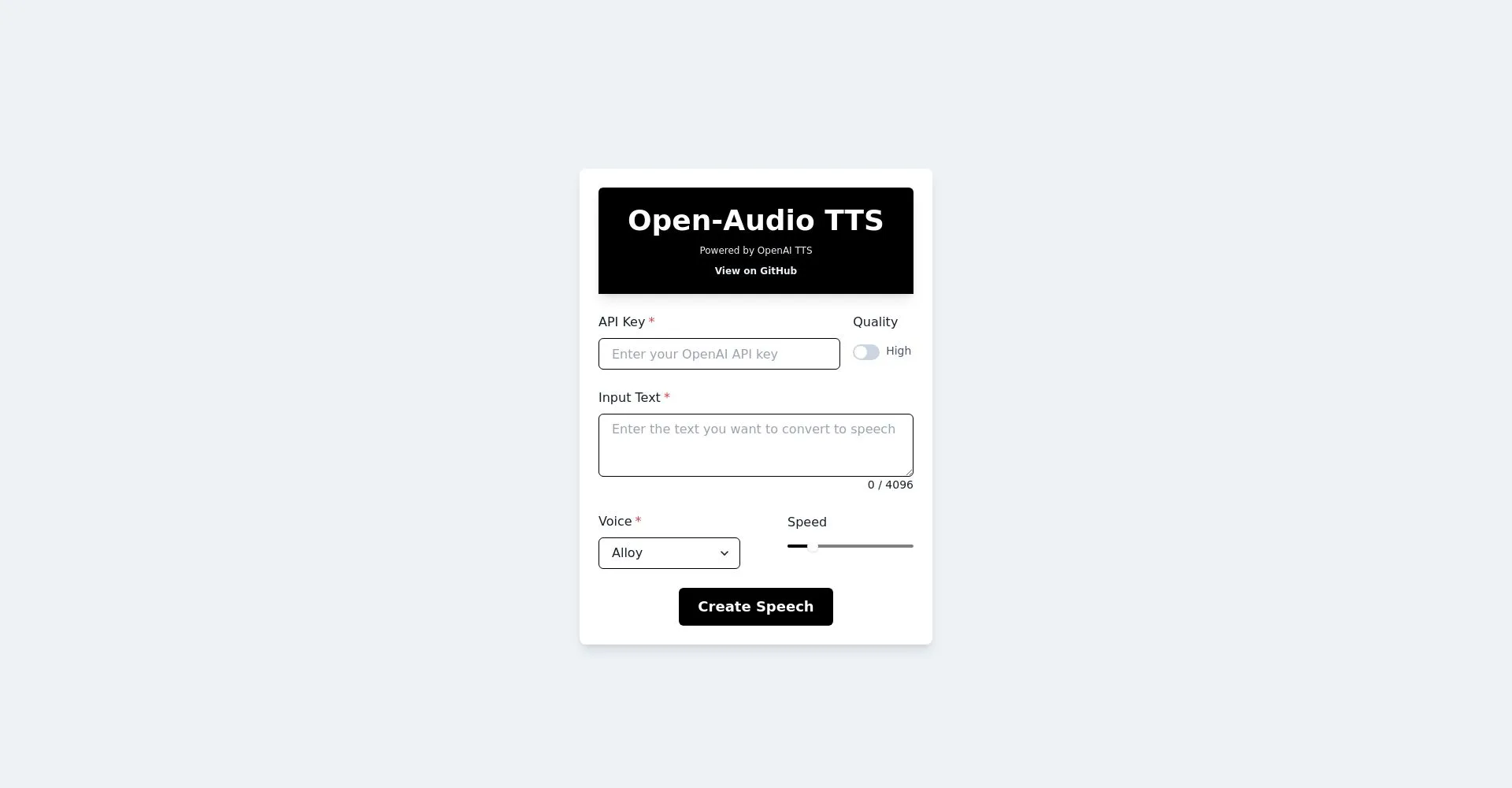Captura de pantalla de la interfaz de Open-Audio TTS