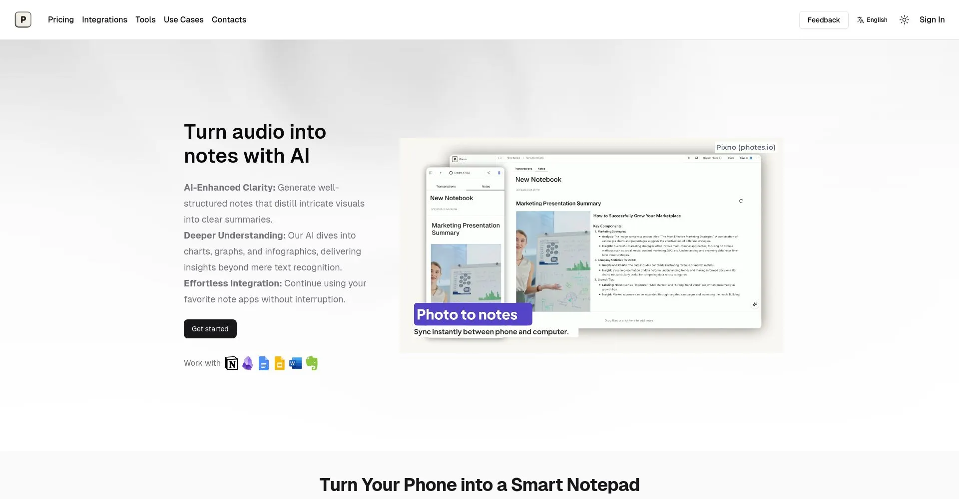 Página web mostrando herramienta de conversión de audio a notas