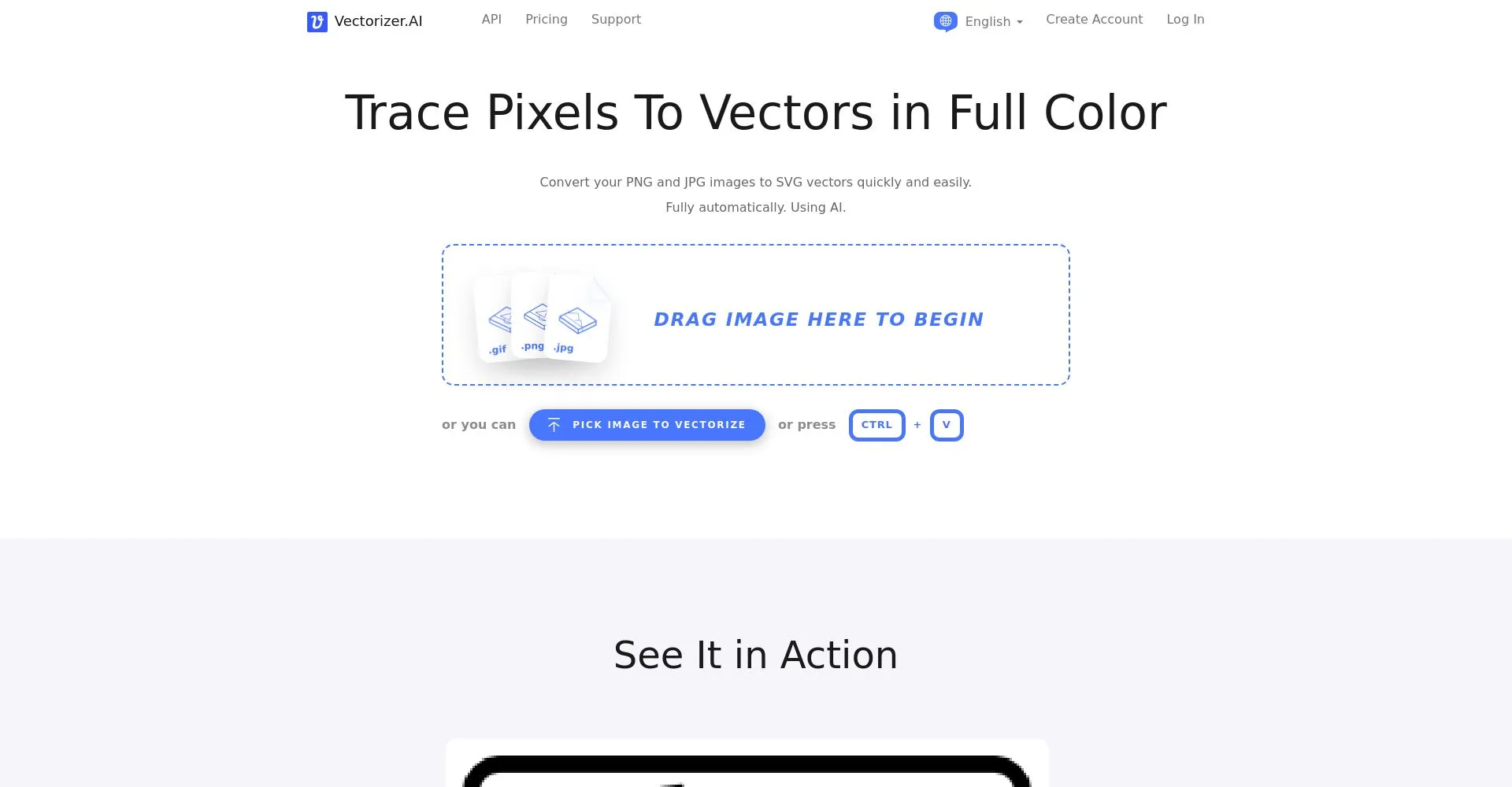 Interfaz de usuario de Vectorizer.AI para convertir imágenes a vectores