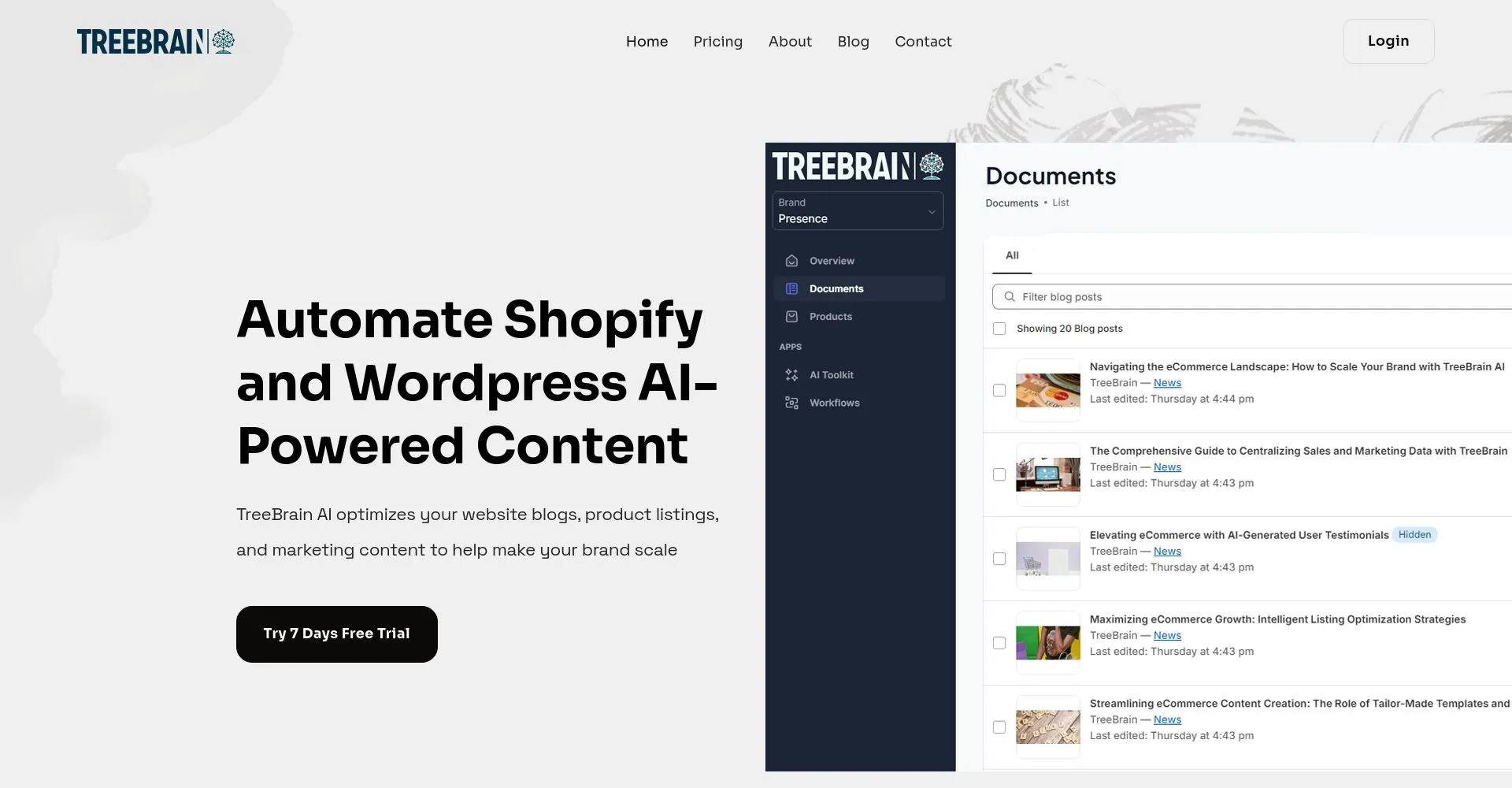 Página de inicio de TreeBrain mostrando opciones de automatización de contenido