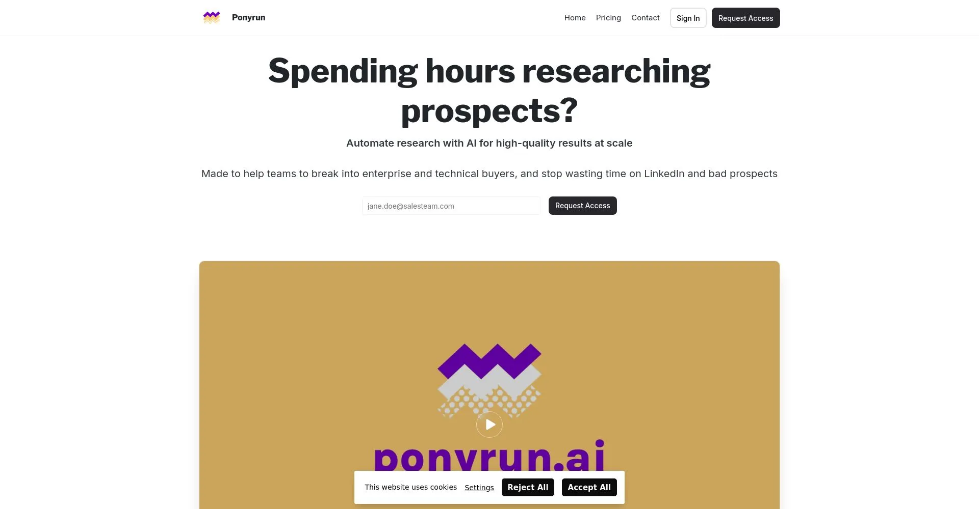 Página principal de Ponyrun mostrando opciones para automatizar la investigación de prospectos.