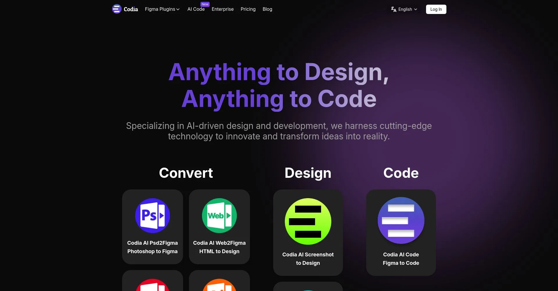 Página principal de Codia, resaltando capacidades de conversión, diseño y codificación