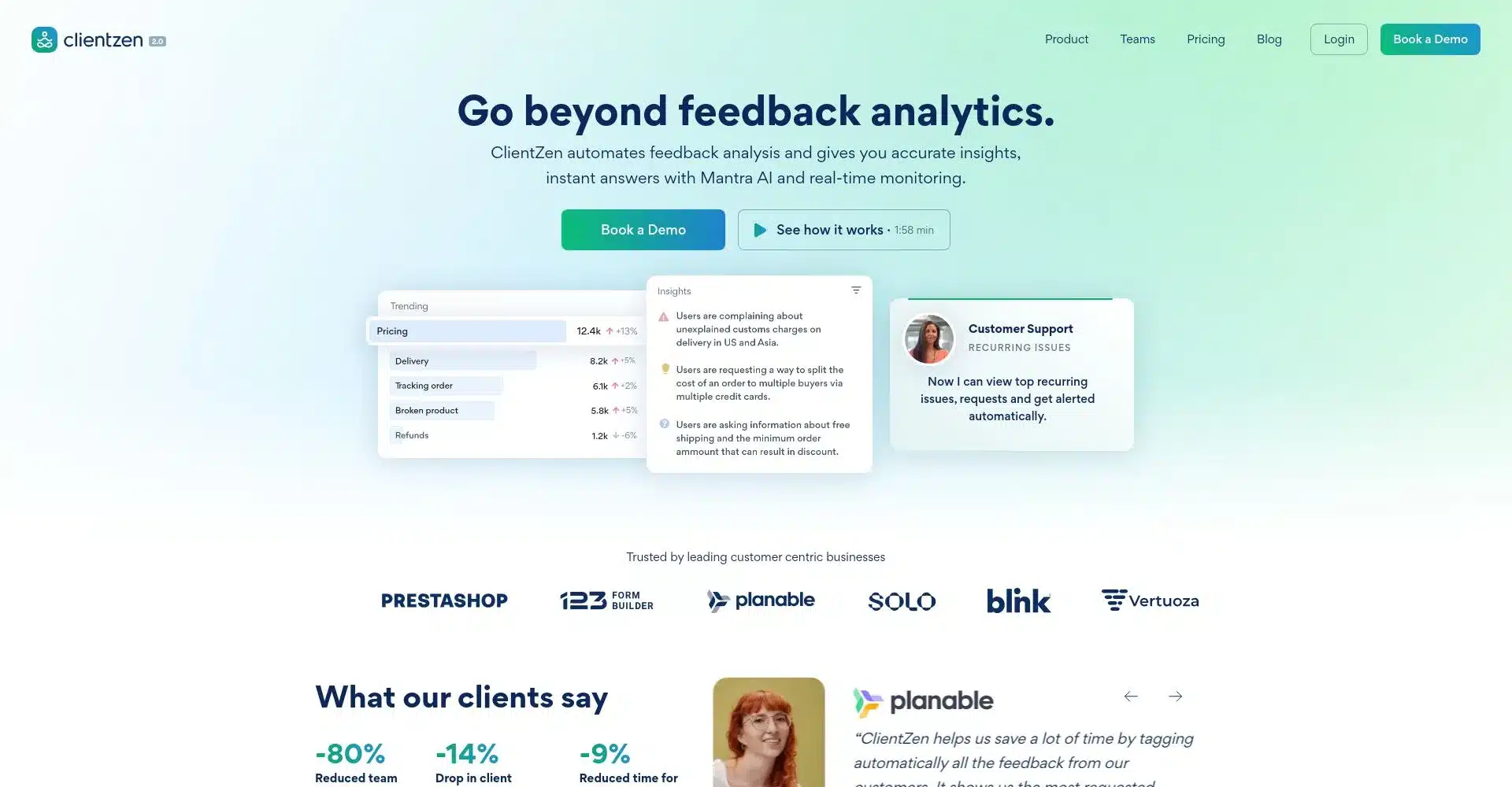 Página de inicio de ClientZen mostrando sus funcionalidades de análisis de feedback