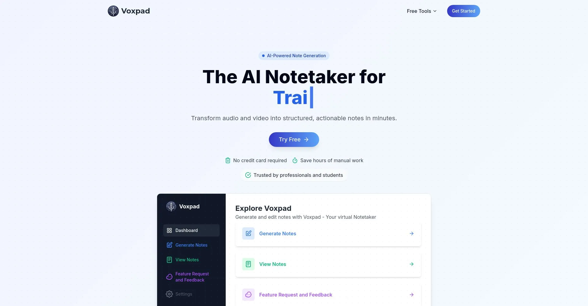 Interfaz de inicio de Voxpad AI Notetaker