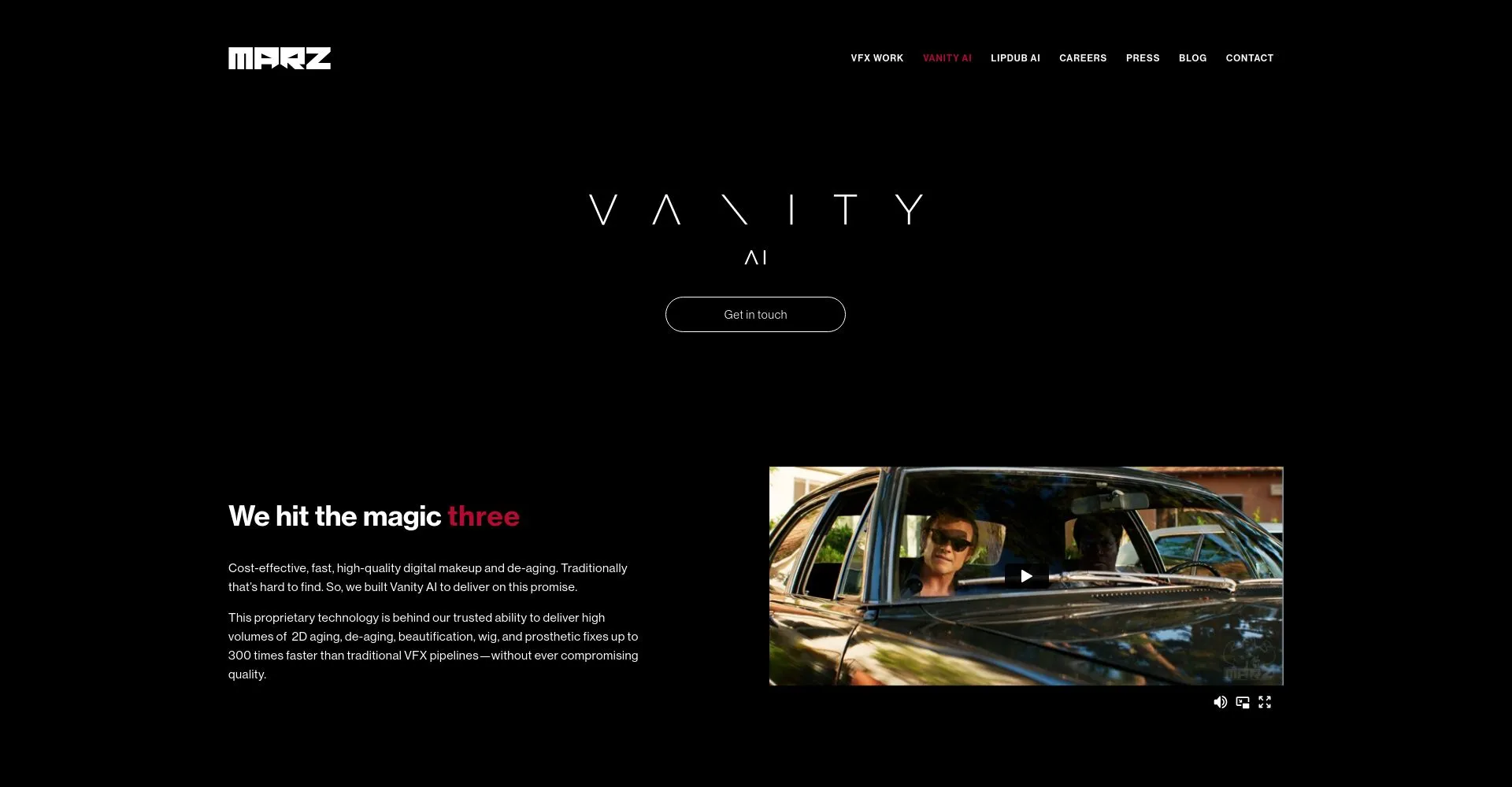 Captura de pantalla del sitio web de MARZ sobre Vanity AI