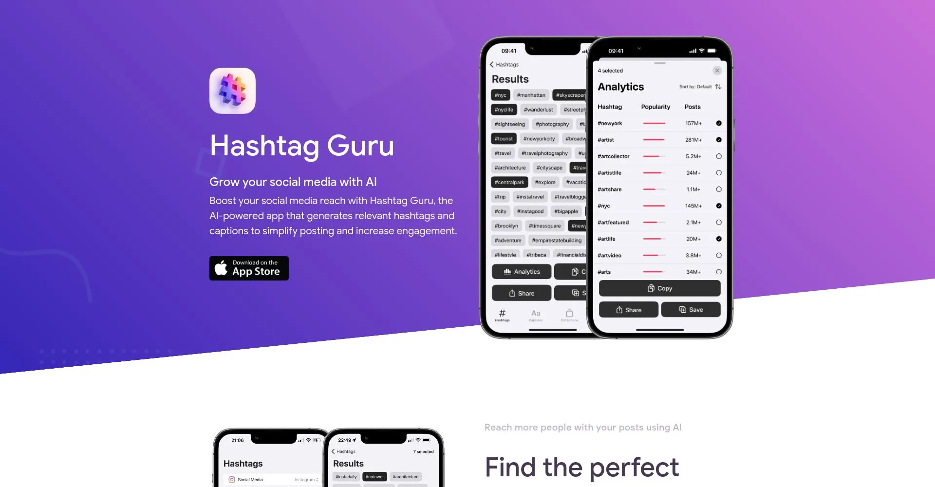 Pantalla de inicio de la app Hashtag Guru con teléfonos mostrando características