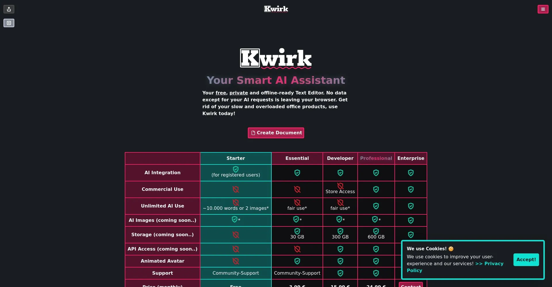 Captura de pantalla de Kwirk, un asistente de texto impulsado por IA
