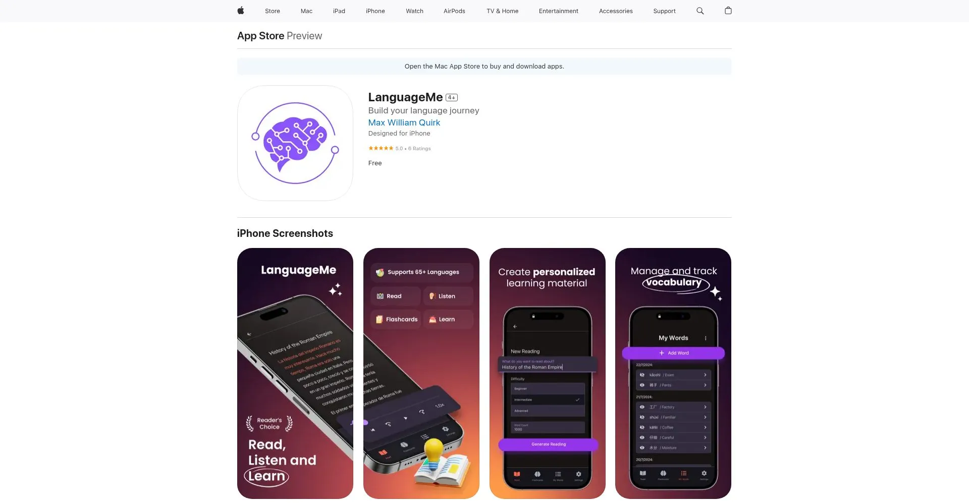 Captura de pantalla de la aplicación LanguageMe en App Store