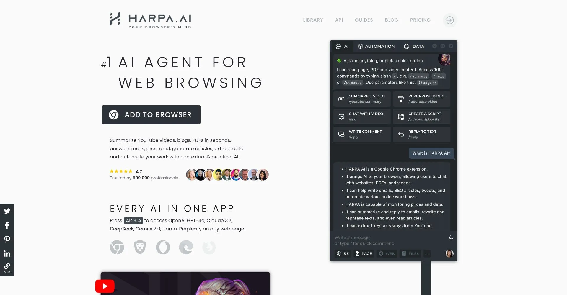Captura de pantalla del sitio web de HARPA AI mostrando funciones de navegación y automatización