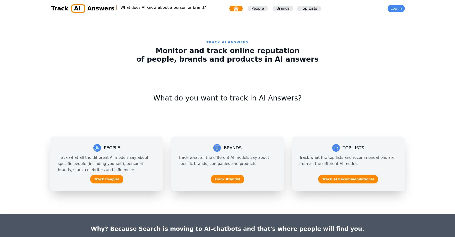 Captura de pantalla del sitio web Track AI Answers mostrando opciones de seguimiento para personas, marcas y listas principales.