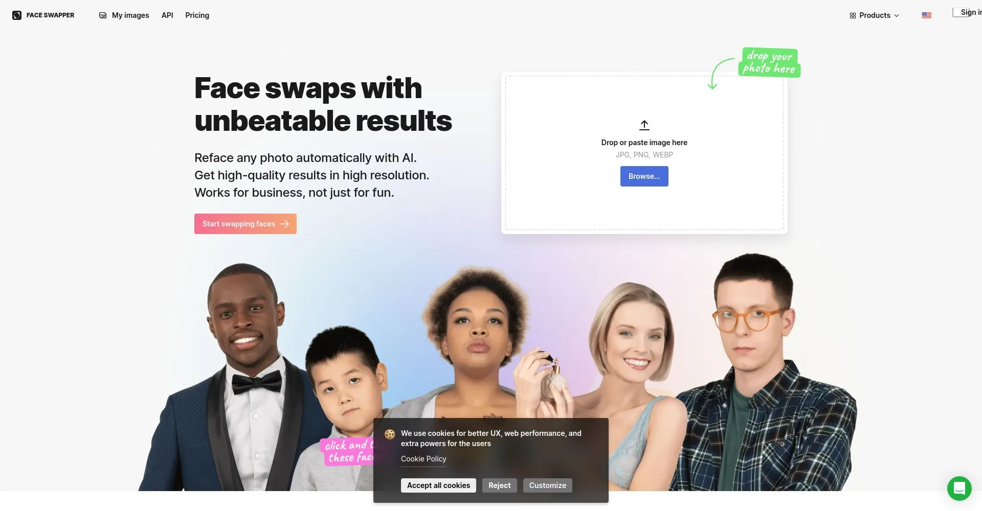 Página de inicio de Face Swapper con opciones para cargar imágenes.