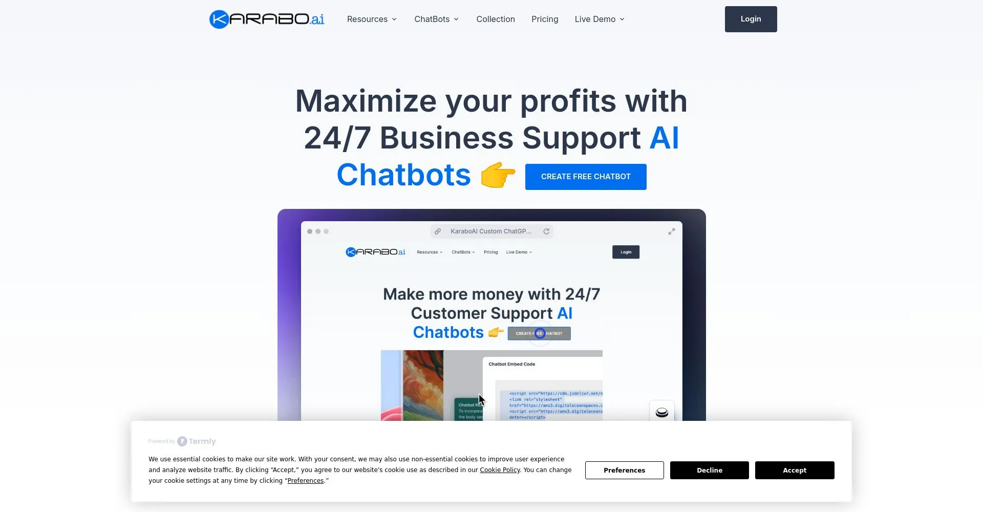 Página principal de Karabo AI mostrando el servicio de chatbots AI para soporte empresarial