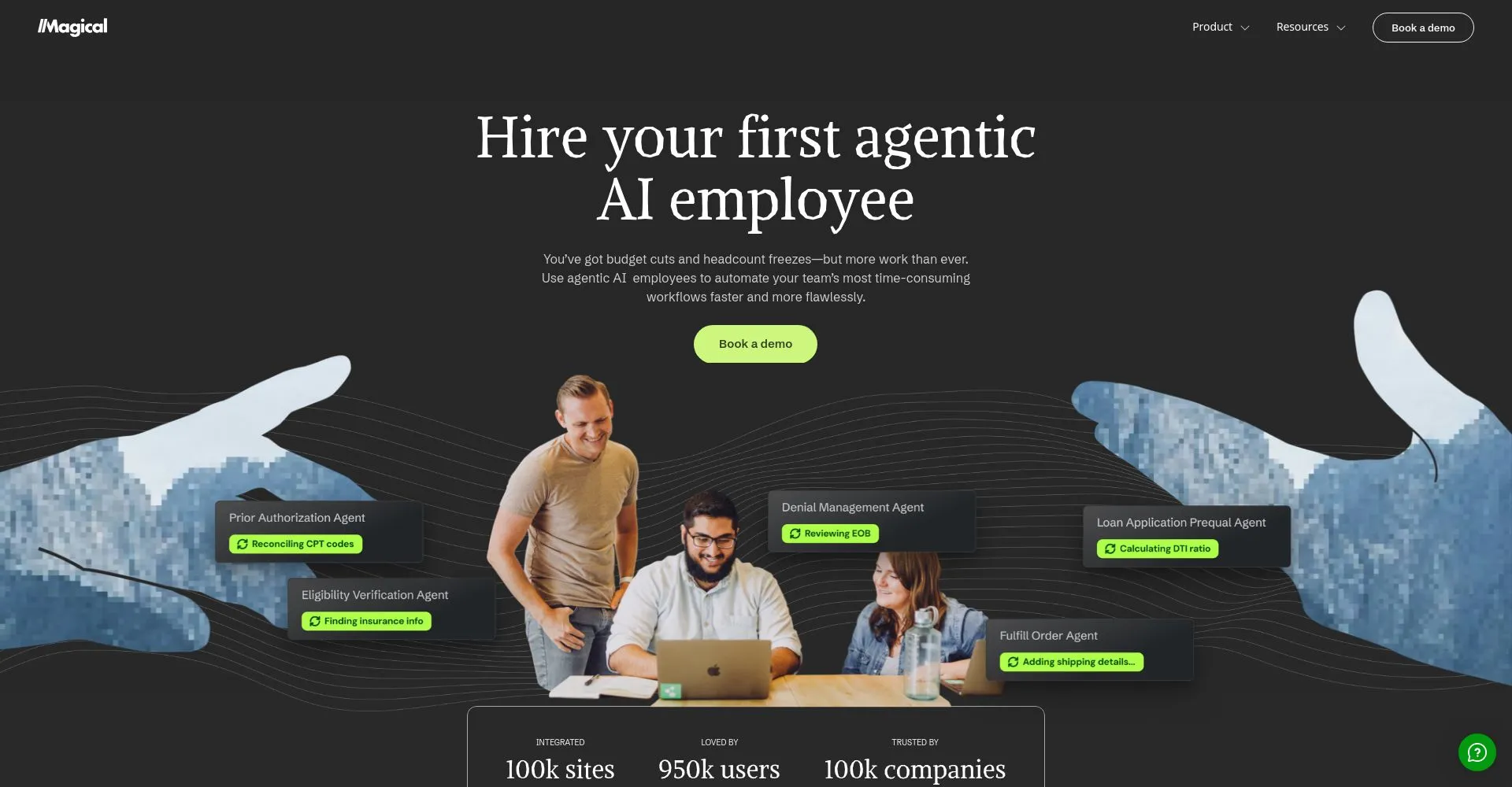 Captura de pantalla del sitio web Magical sobre empleados agentes de IA