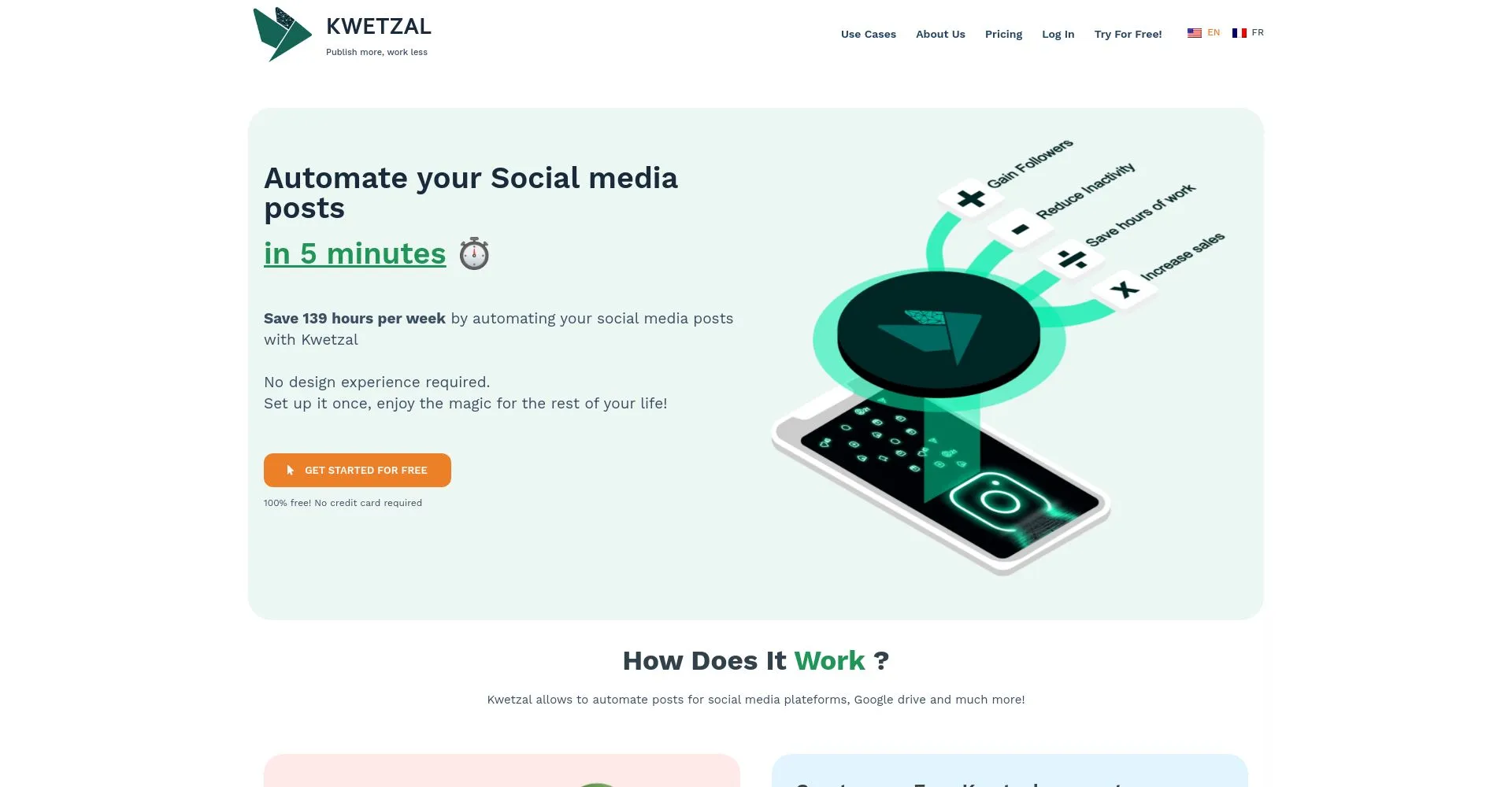 Página de inicio de Kwetzal, herramienta de automatización de redes sociales