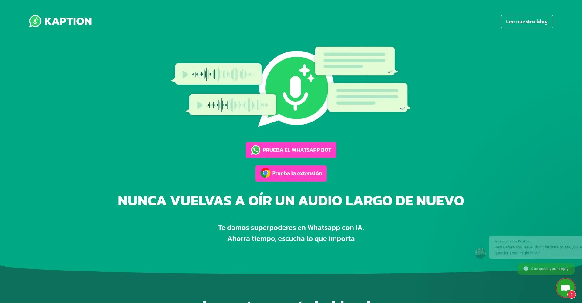 Interfaz de Kaption para transformar audios de WhatsApp