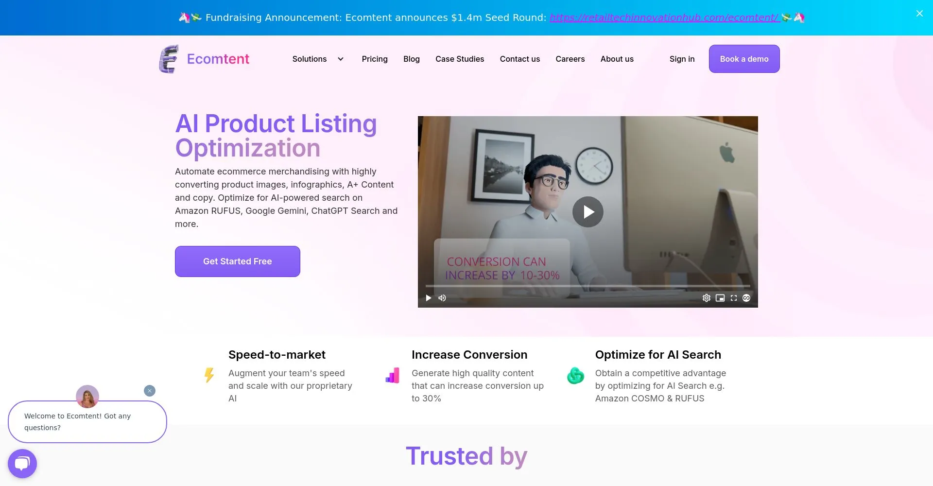 Captura de pantalla de la página de inicio de Ecomtent con información sobre optimización de listados de productos.