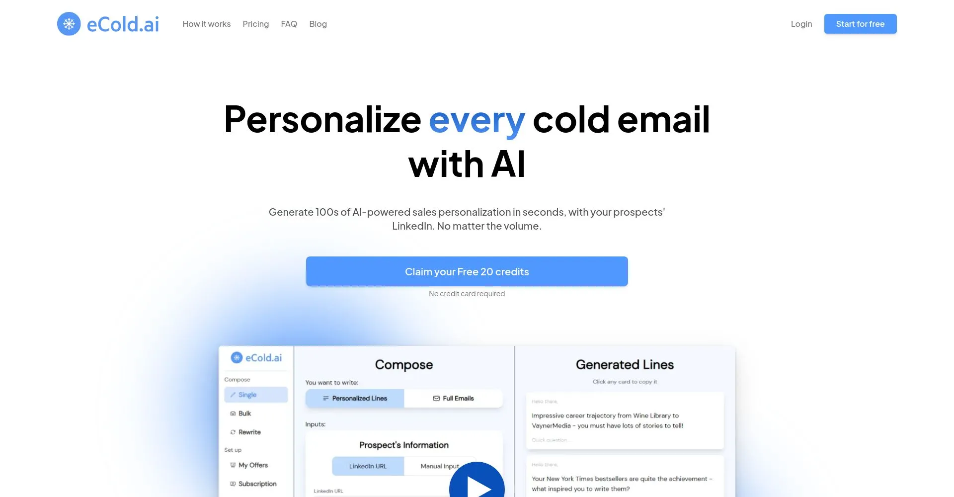 Página principal de eCold.ai mostrando personalización de correos con IA