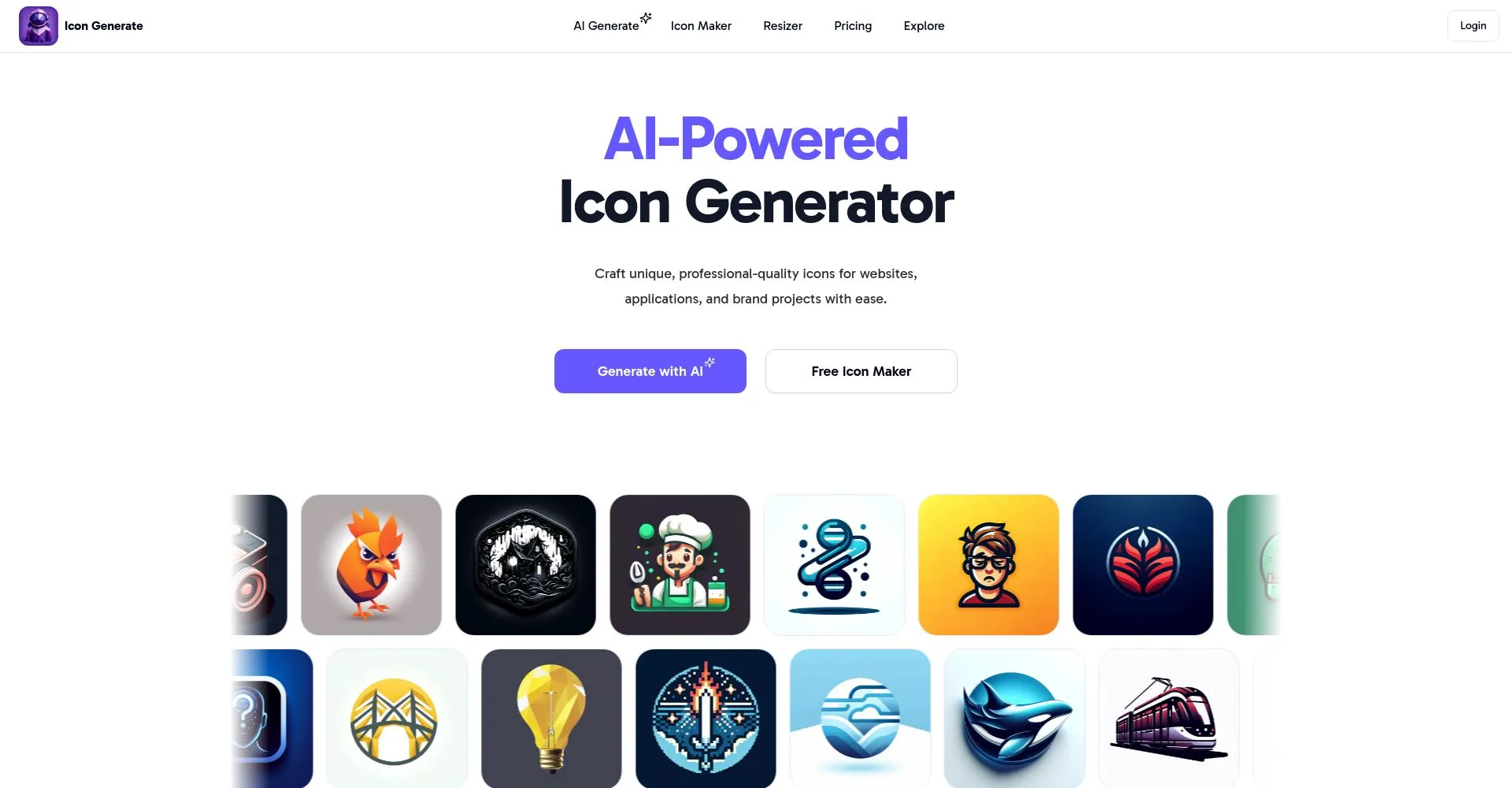 Página principal de Icon Generate mostrando íconos generados por IA.