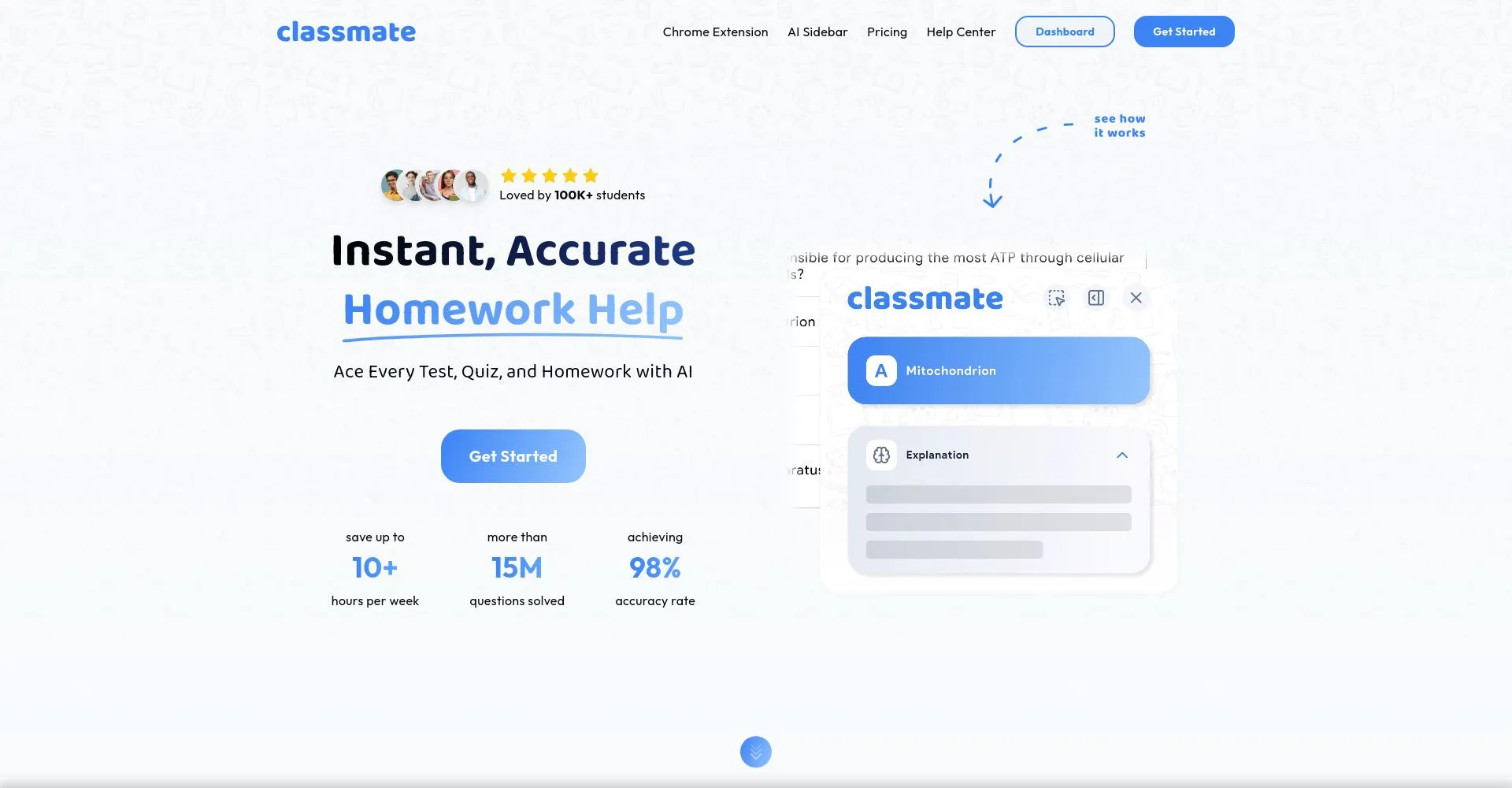 Pantalla de inicio del sitio web de Classmate mostrando asistencia en tareas con IA