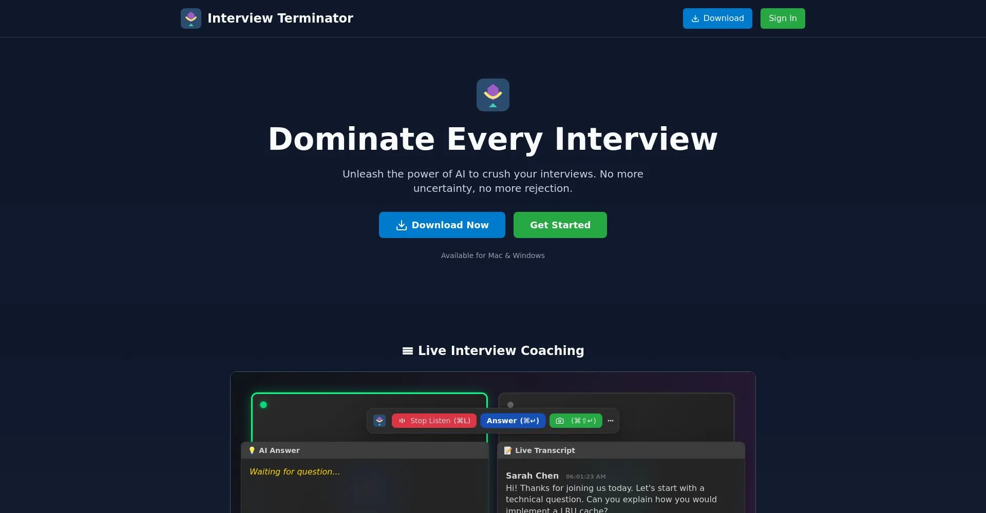 Captura de pantalla del sitio web Interview Terminator