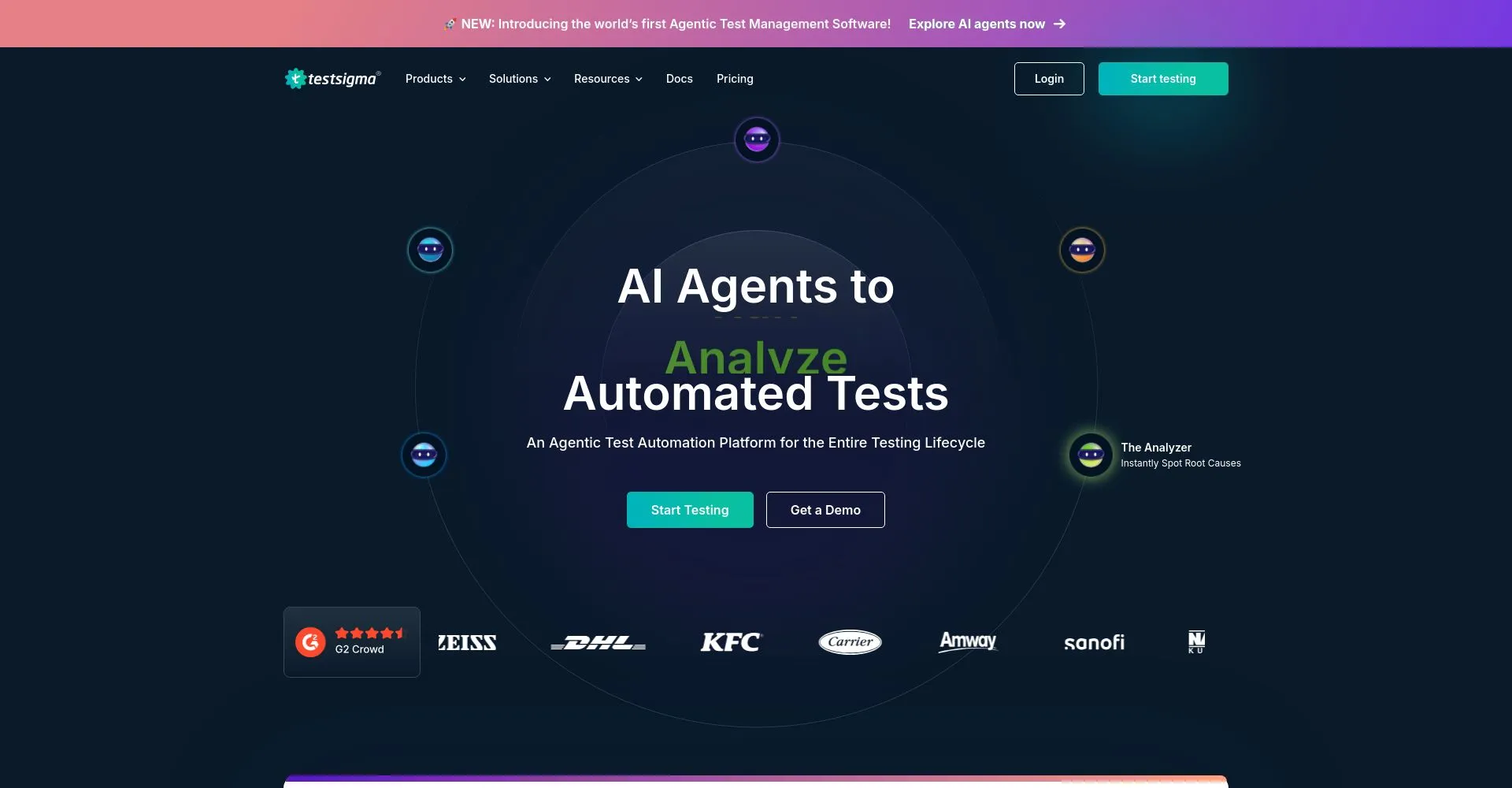 Página principal de Testsigma con agentes de IA para pruebas automatizadas