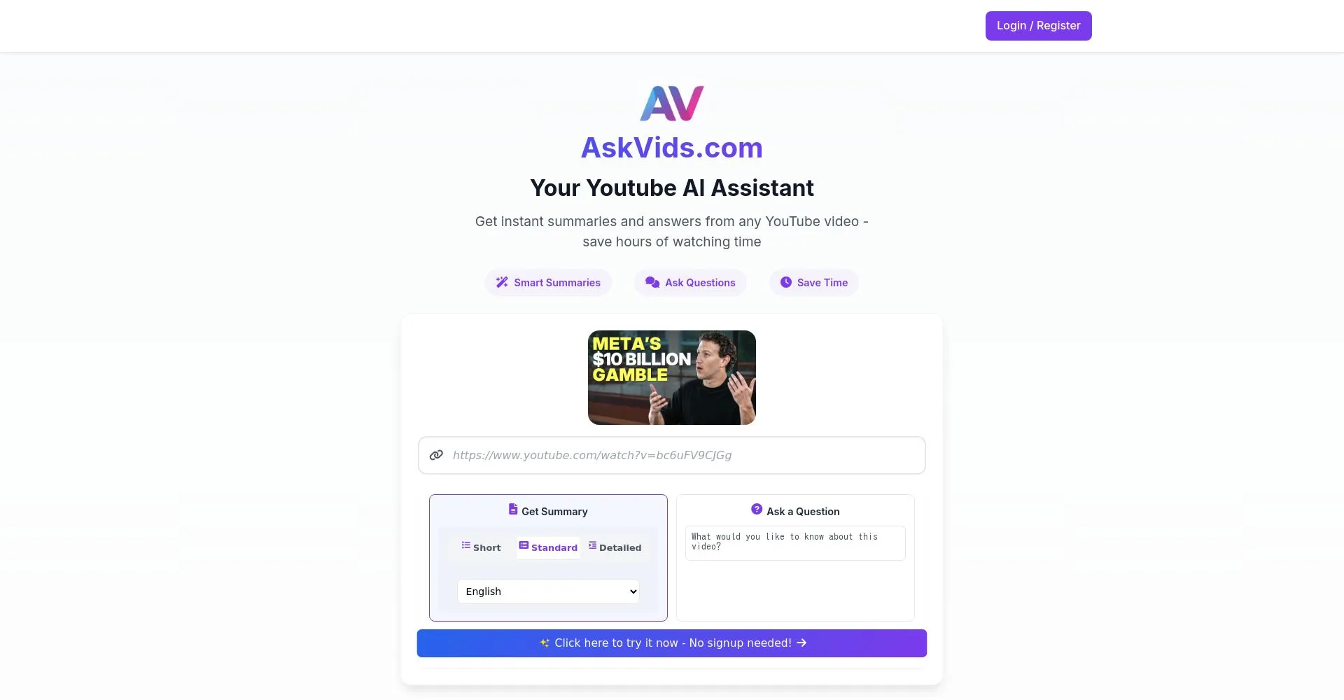 Página principal de AskVids.com, el asistente de IA para resumir videos de YouTube.