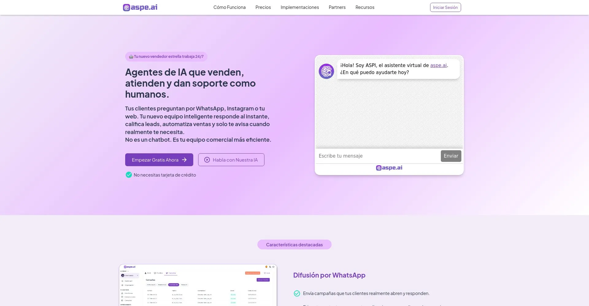 Interfaz de inicio de Aspe.ai con chatbot de IA