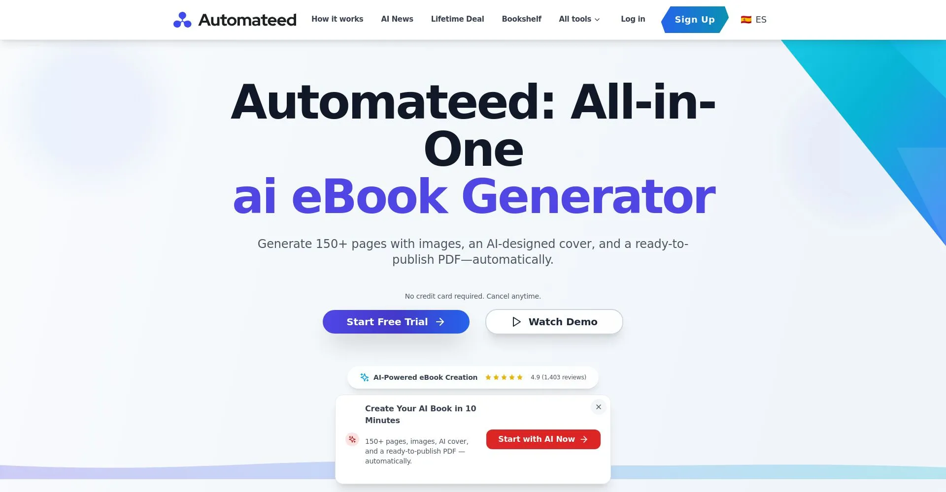Página de inicio de Automateed mostrando el generador de eBooks con IA