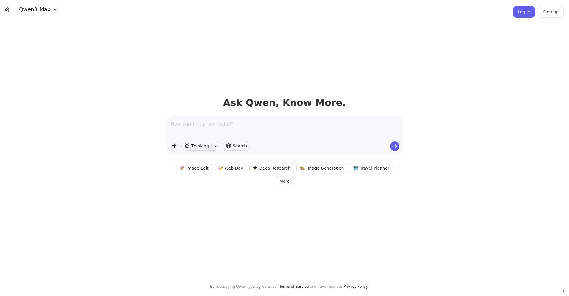 Interfaz de usuario de la página de inicio de Qwen