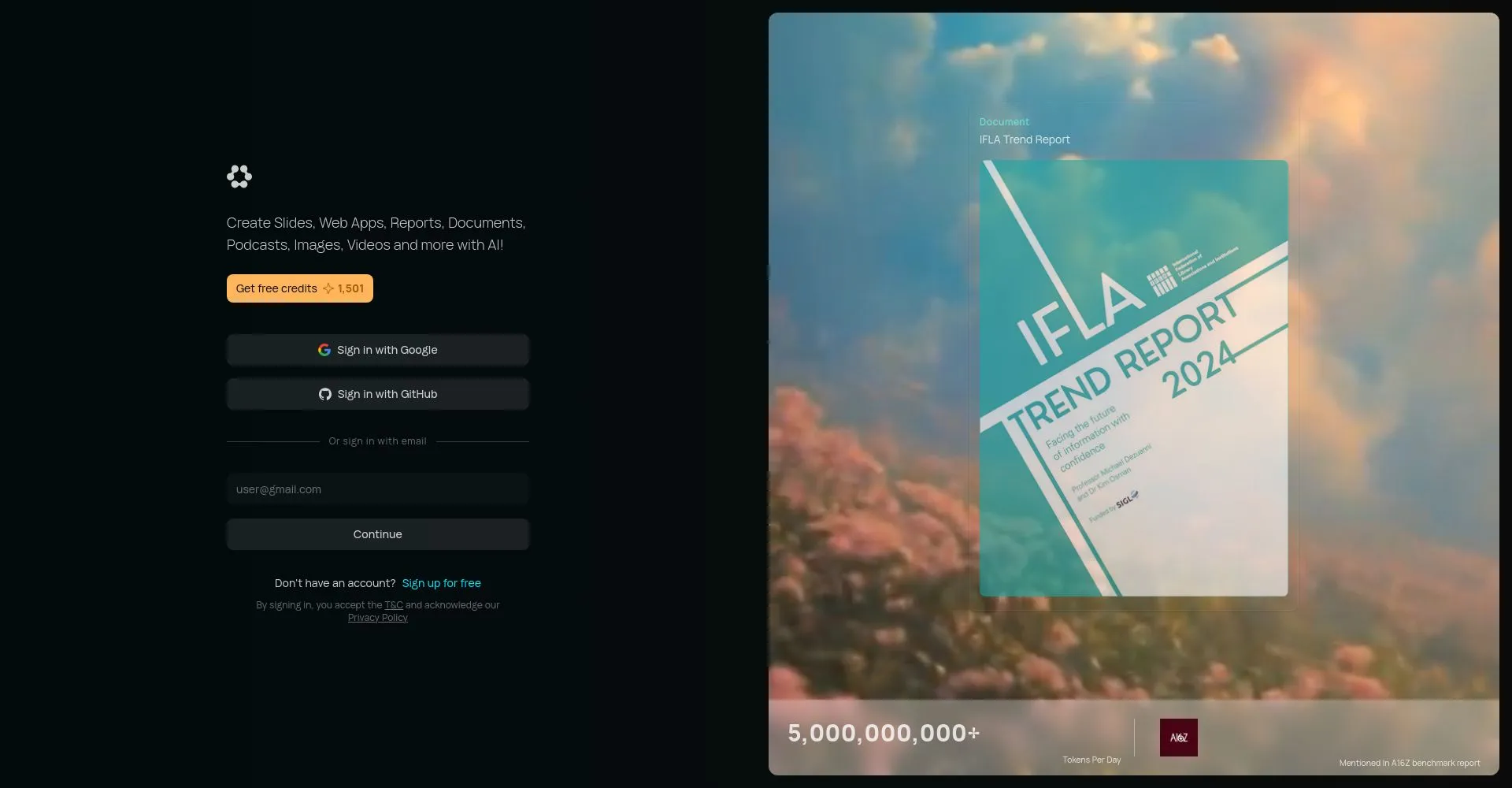 Captura de pantalla de inicio de sesión en una plataforma de creación con IA