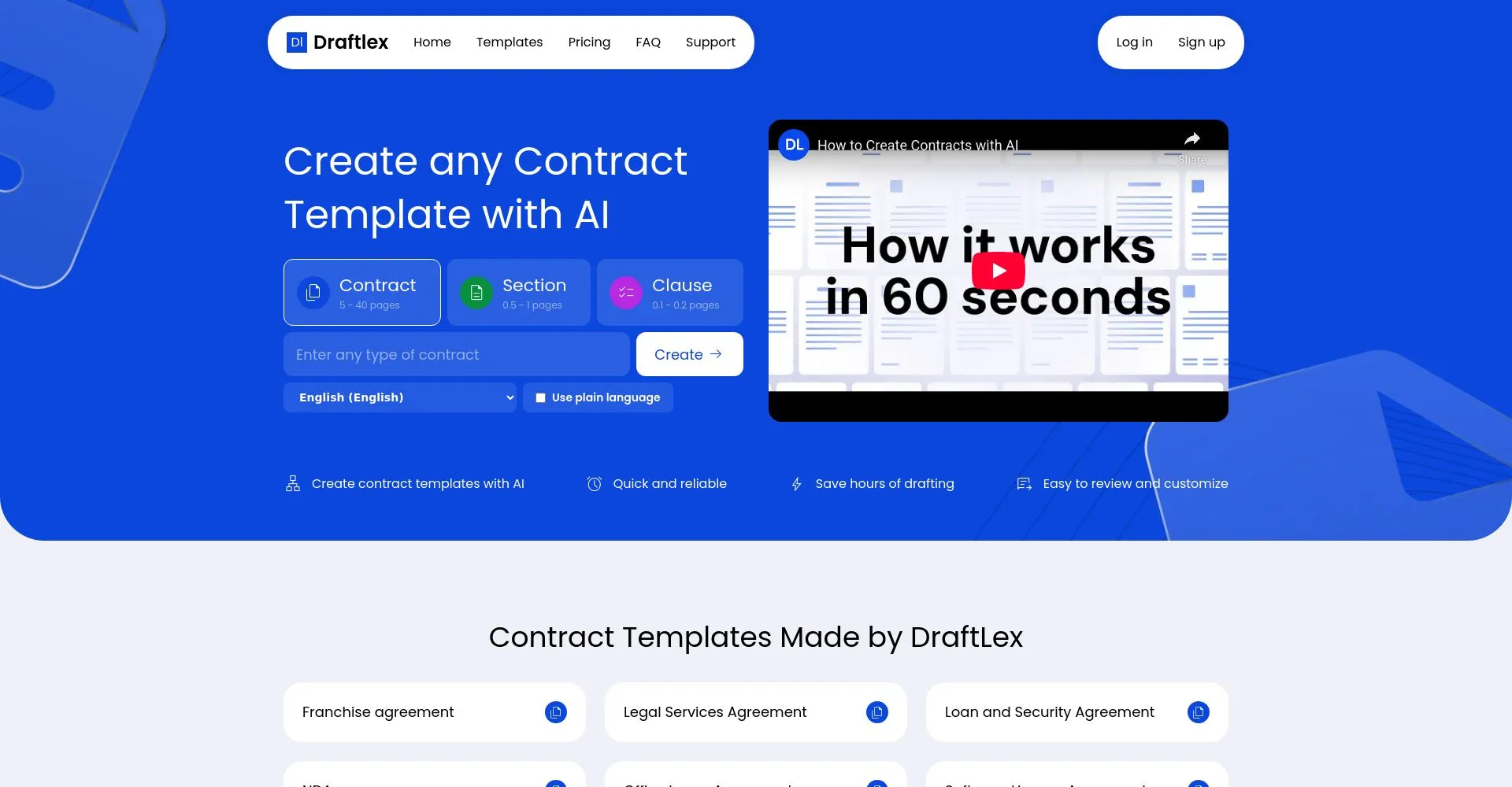 Pantalla de inicio de Draftlex mostrando opciones para crear plantillas de contrato