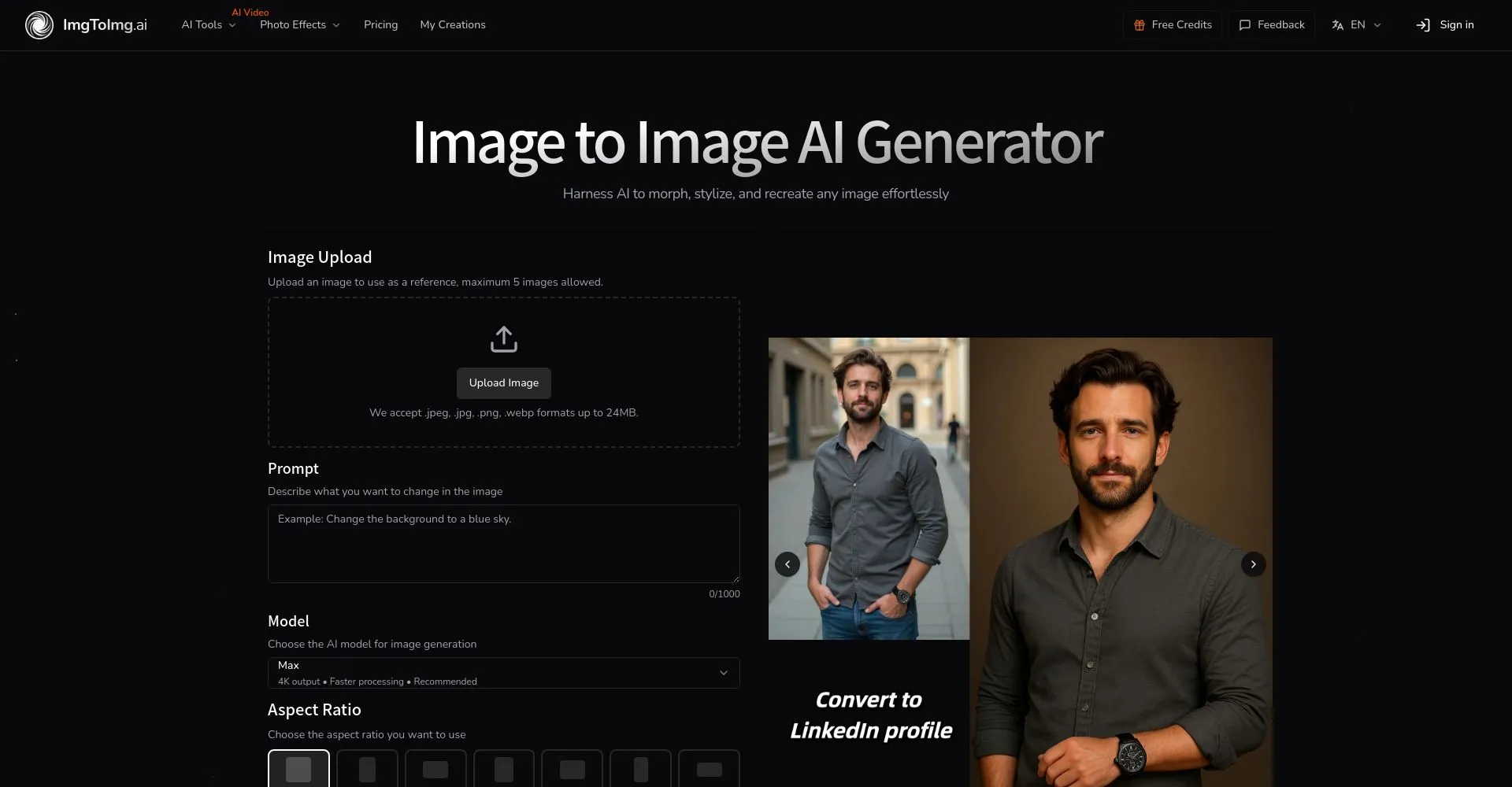Interfaz del generador de imágenes AI de ImgToImg