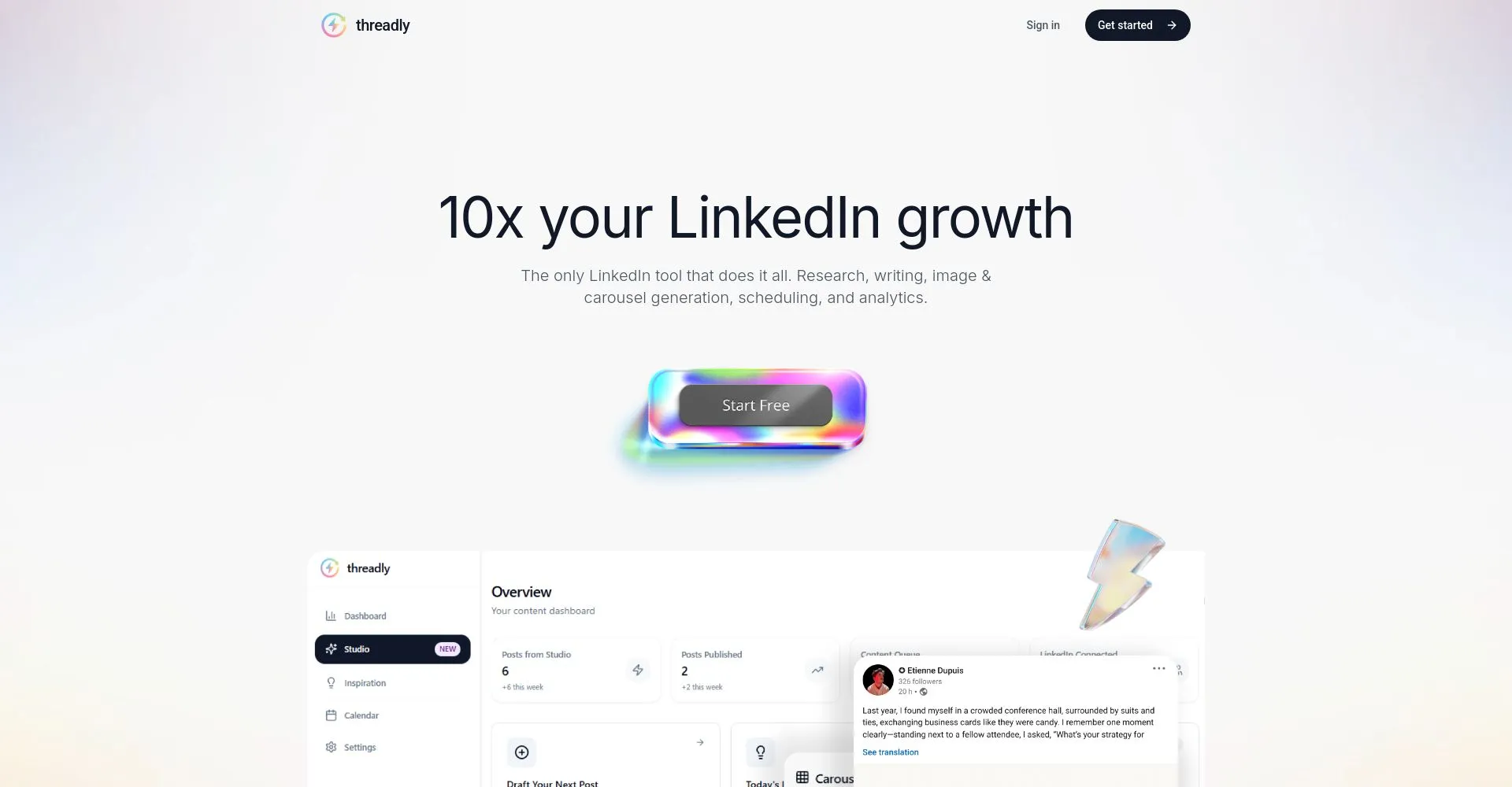 Interfaz del sitio web de threadly para crecimiento en LinkedIn