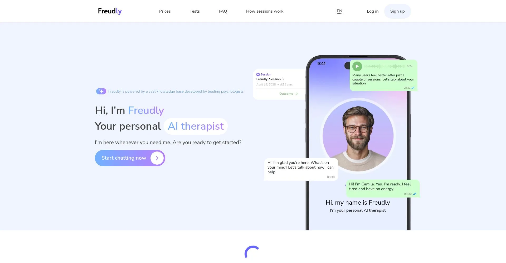 Interfaz de Freudly, el terapeuta personal de inteligencia artificial.